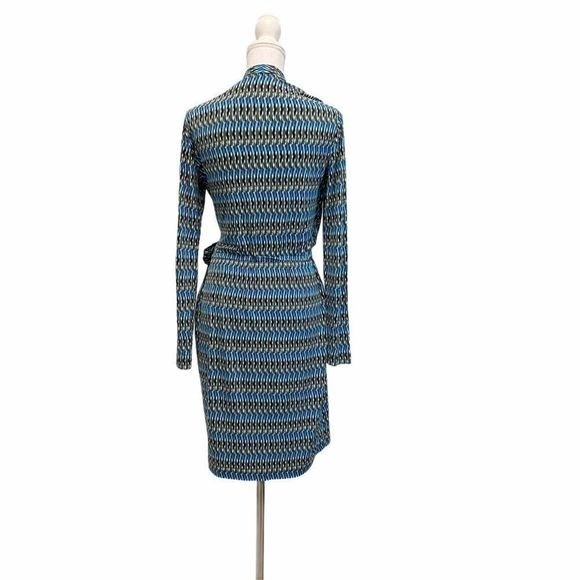 CALVIN KLIEN Women's Faux Wrap Sz 4 Blue Long Sleeve Geo Print Midi Dress - Picture 4 of 15